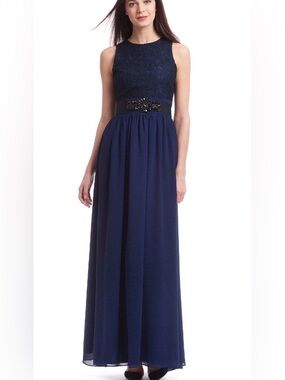 Badgley Mischka Navy Blue Lace Bodice Beaded Waist Gown